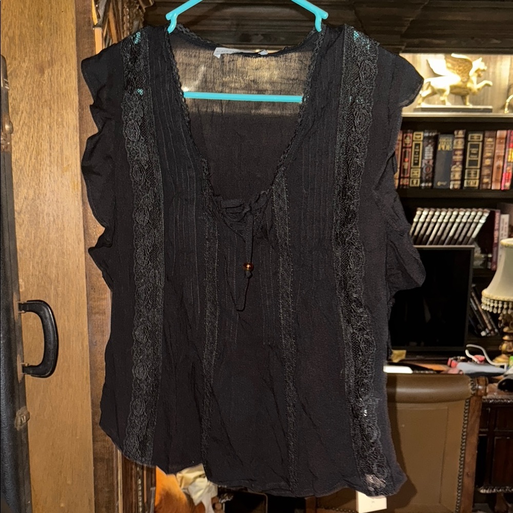 Black Tape Black Ruffled Tie Front Blouse